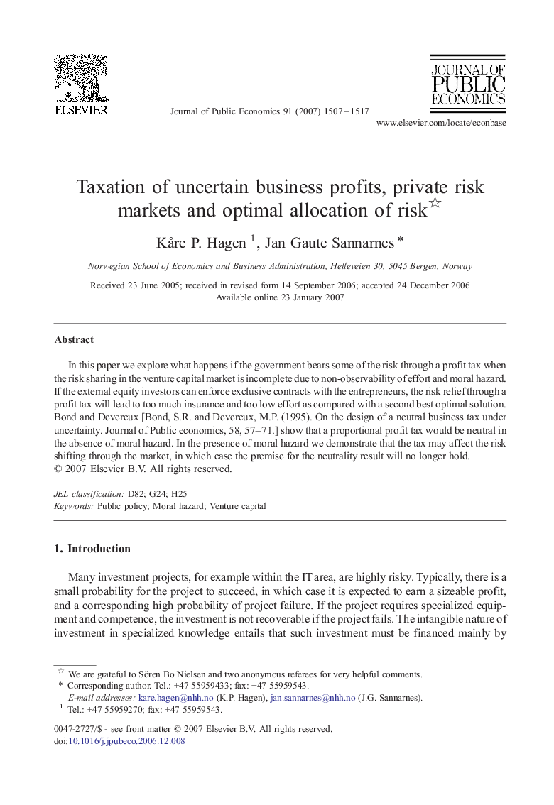 عکس صفحه اول مقاله: Taxation of uncertain business profits, private risk markets and optimal allocation of risk Taxation of uncertain business profits, private risk markets and optimal allocation of risk