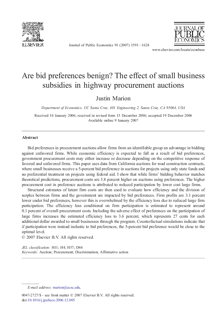 Are bid preferences benign? The effect of small business subsidies in highway procurement auctions