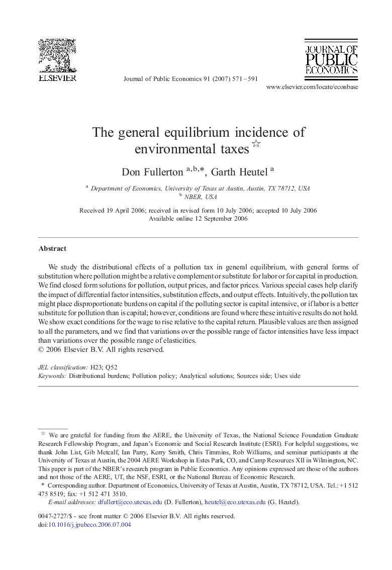 The general equilibrium incidence of environmental taxes 