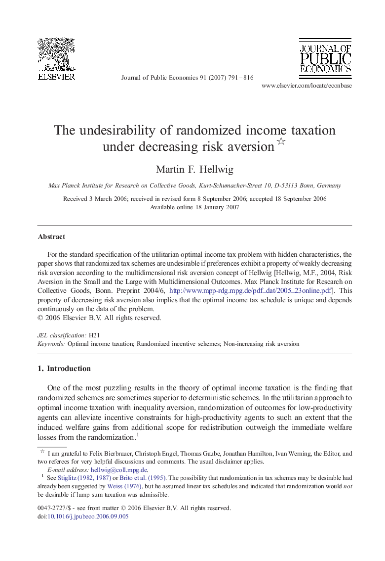 The undesirability of randomized income taxation under decreasing risk aversion 