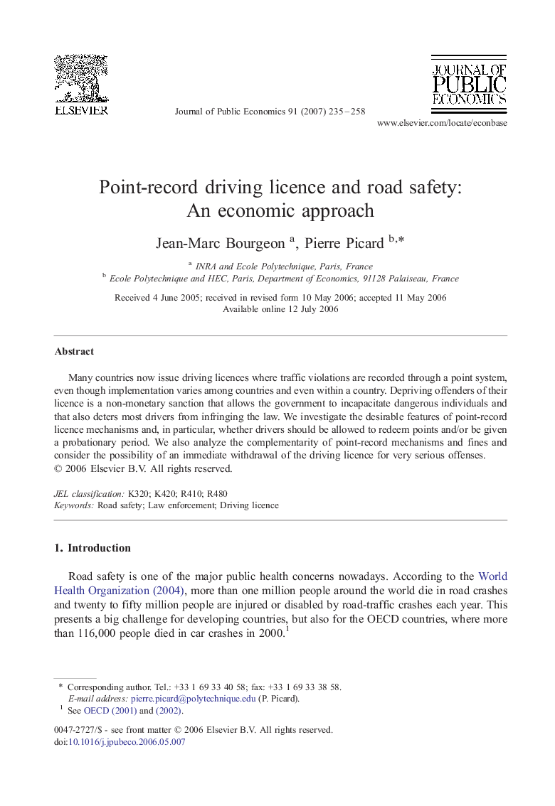 Point-record driving licence and road safety: An economic approach
