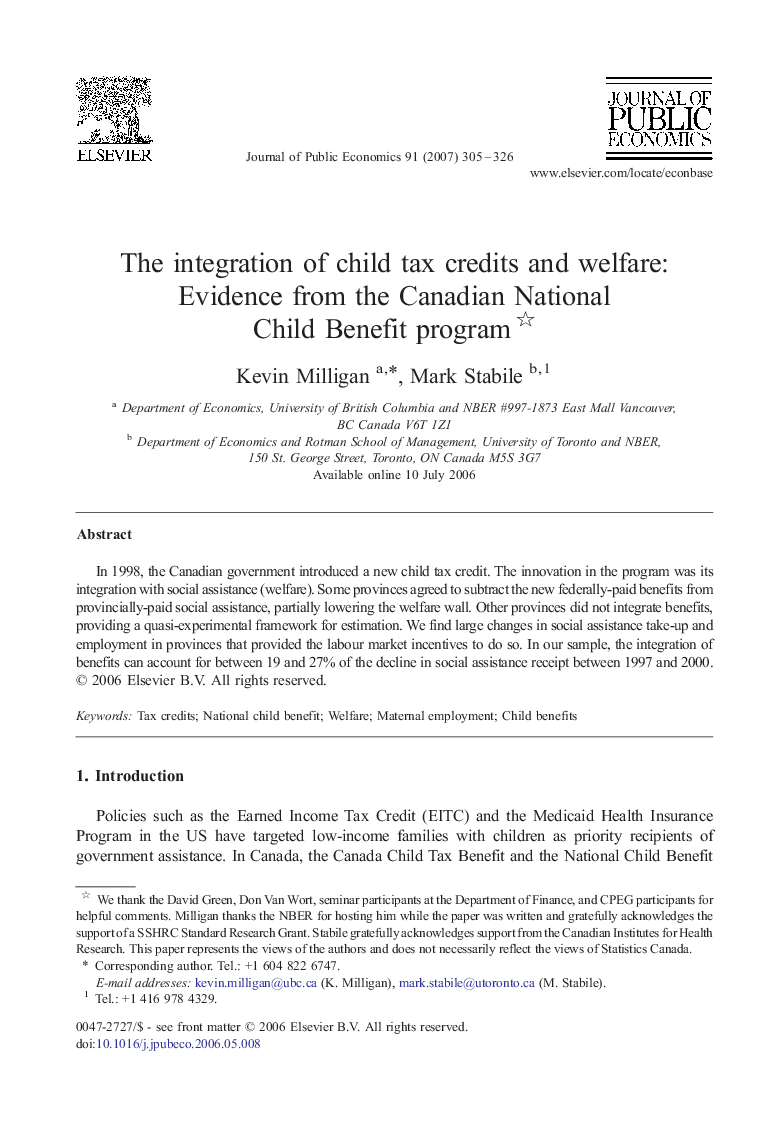 The integration of child tax credits and welfare: Evidence from the Canadian National Child Benefit program 