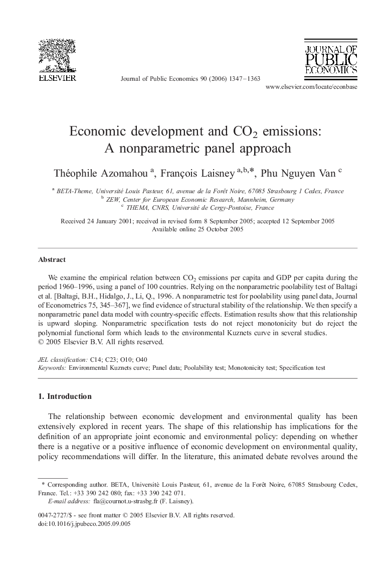 Economic development and CO2 emissions: A nonparametric panel approach