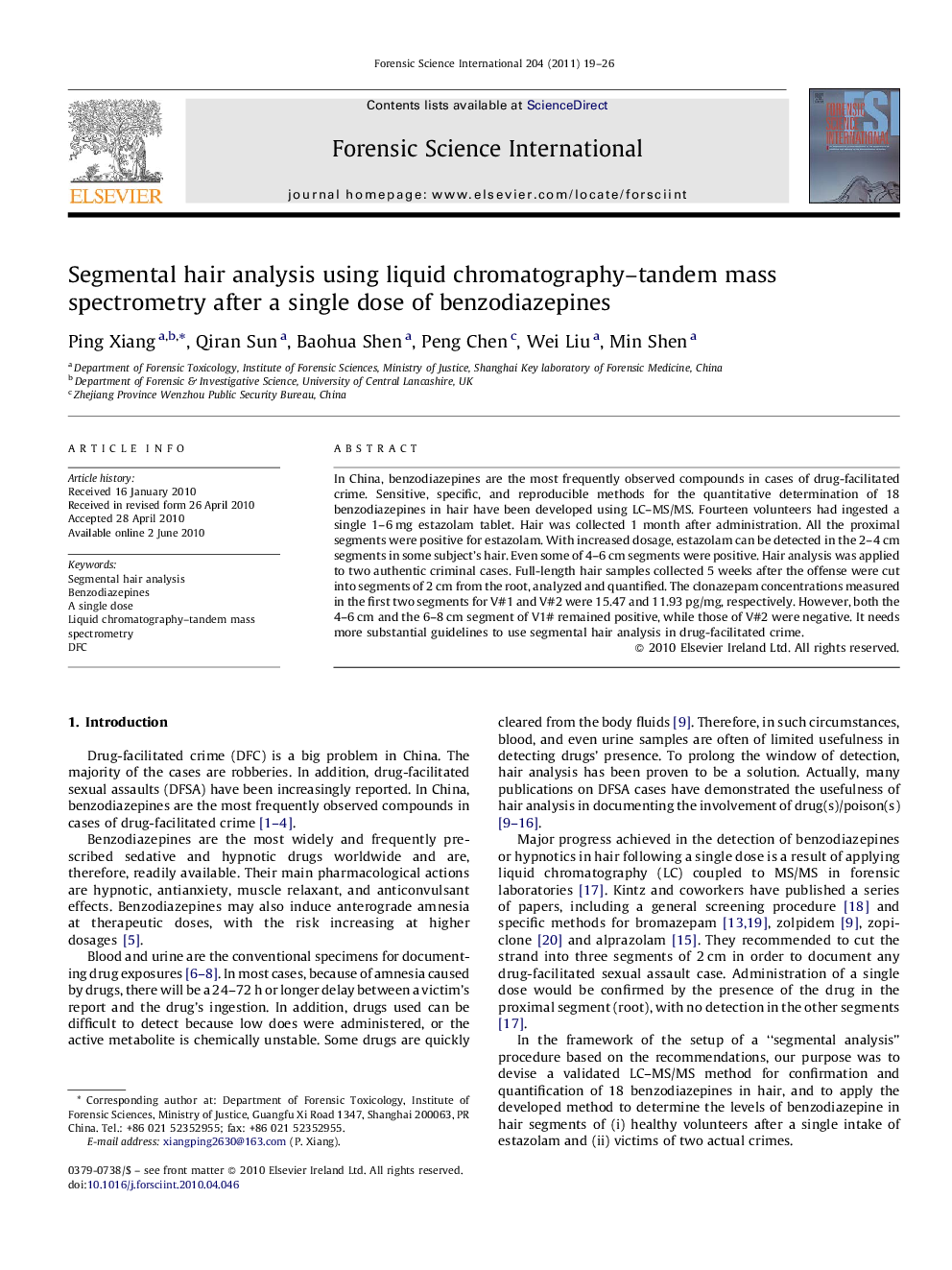 Segmental hair analysis using liquid chromatography–tandem mass spectrometry after a single dose of benzodiazepines