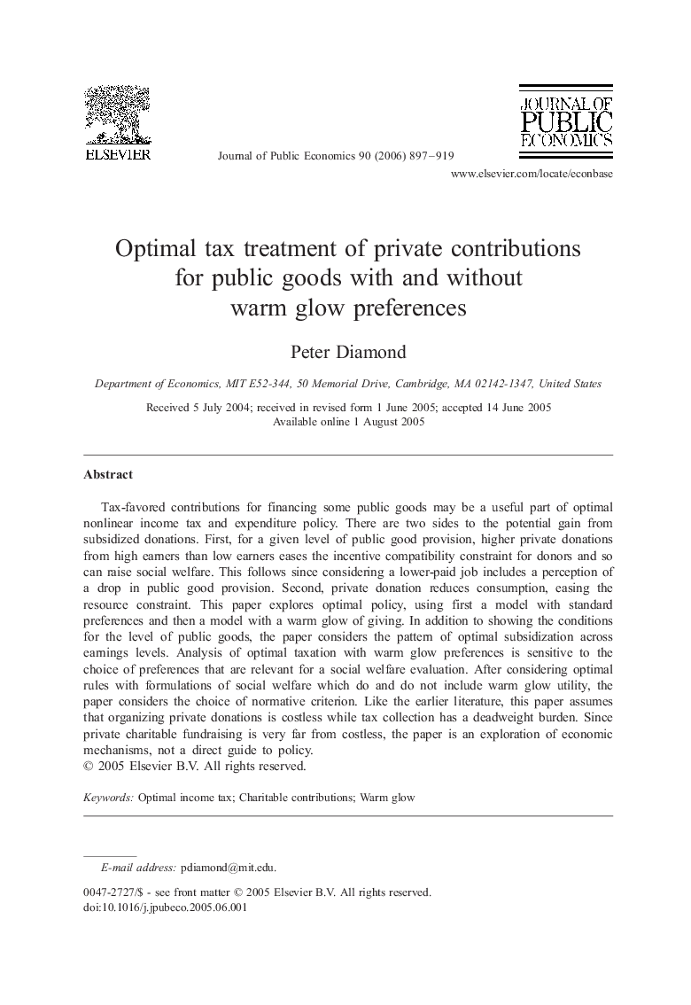 Optimal tax treatment of private contributions for public goods with and without warm glow preferences