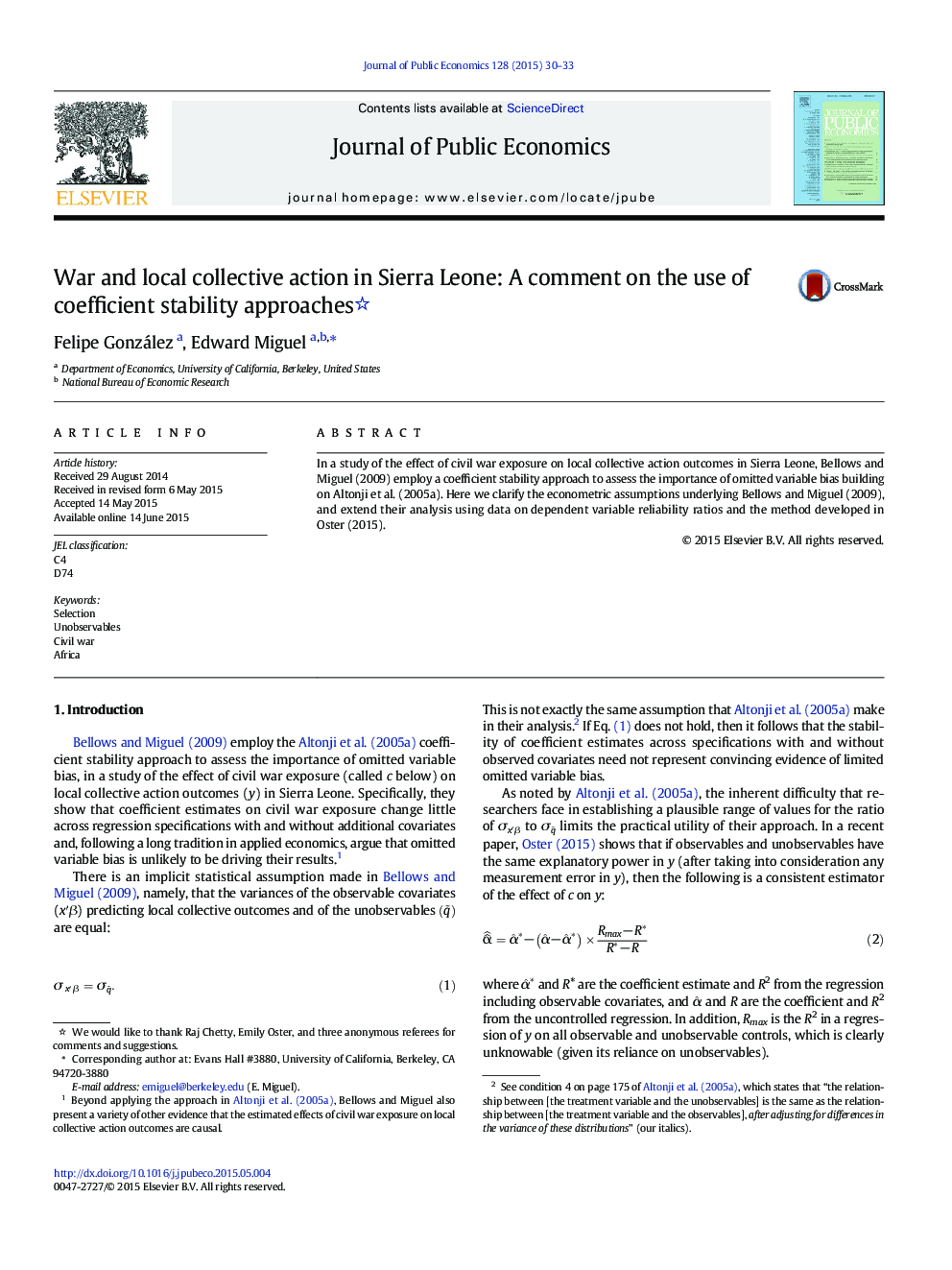 War and local collective action in Sierra Leone: A comment on the use of coefficient stability approaches 