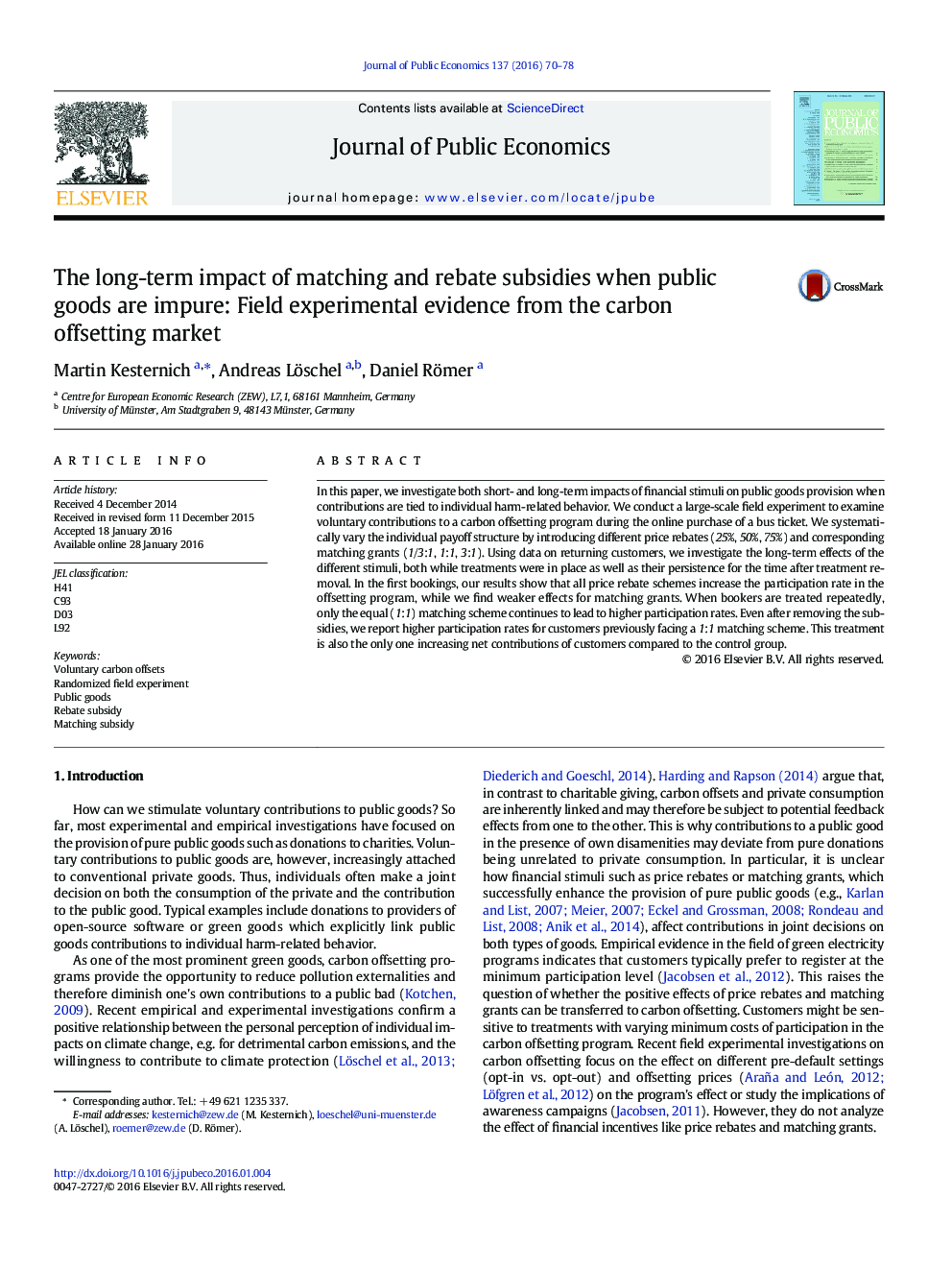 The long-term impact of matching and rebate subsidies when public goods are impure: Field experimental evidence from the carbon offsetting market