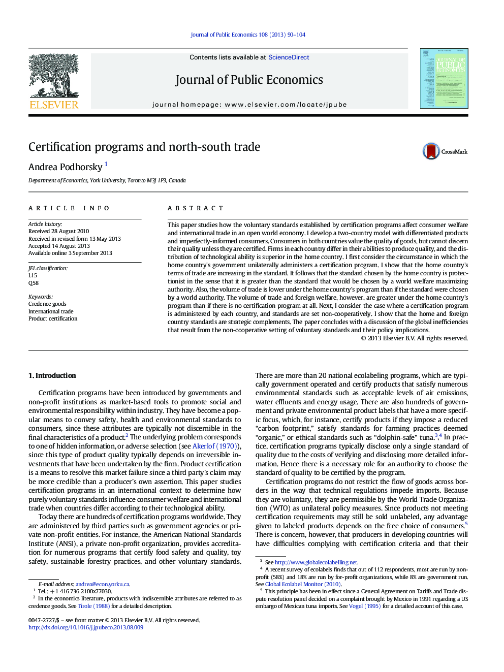 Certification programs and north-south trade