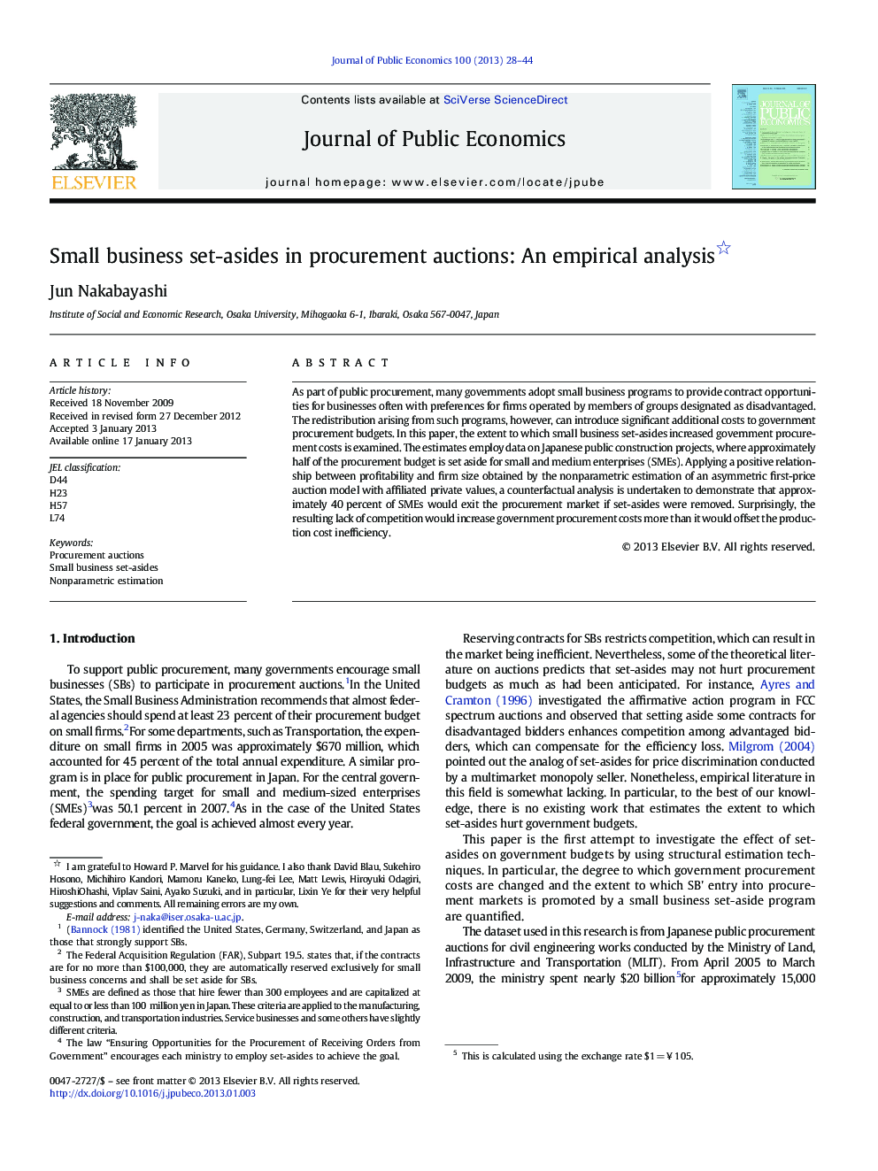 Small business set-asides in procurement auctions: An empirical analysis 