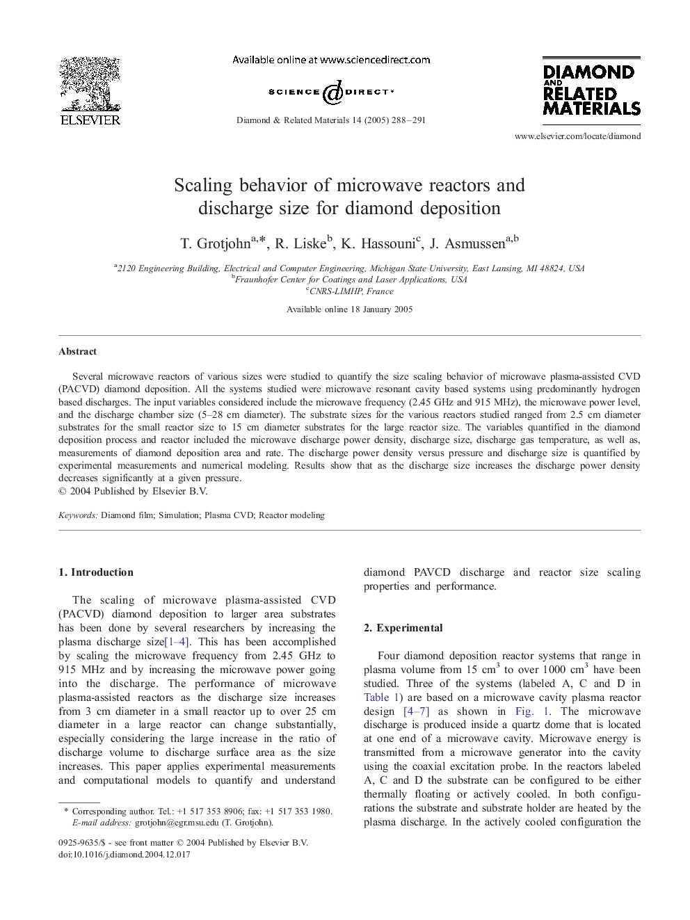 Scaling behavior of microwave reactors and discharge size for diamond deposition