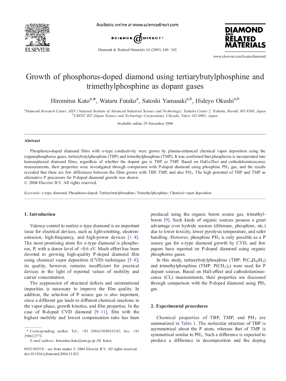 Growth of phosphorus-doped diamond using tertiarybutylphosphine and trimethylphosphine as dopant gases