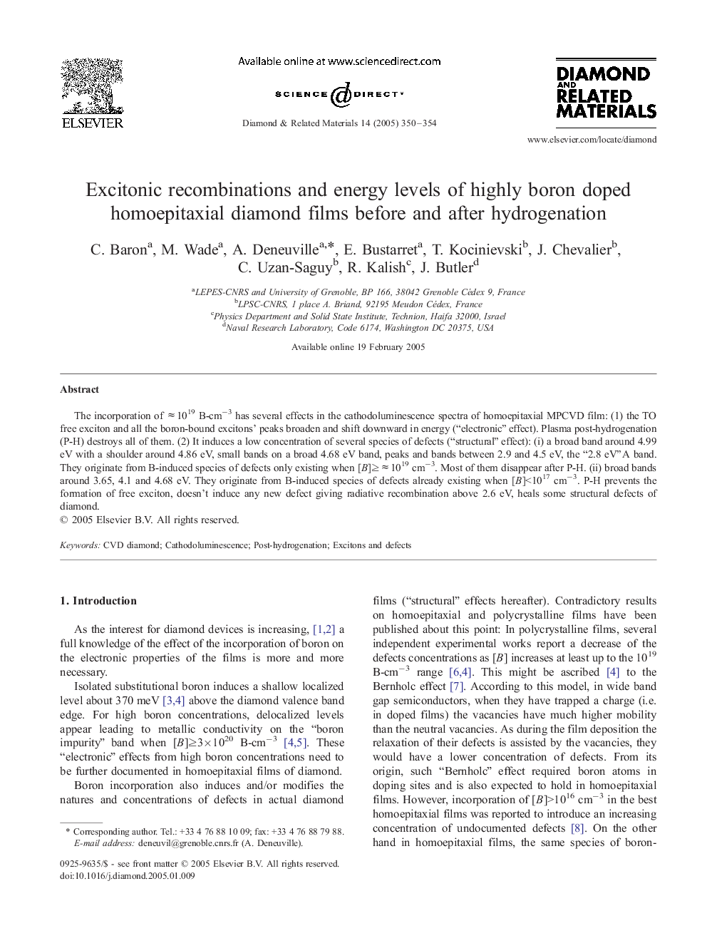 Excitonic recombinations and energy levels of highly boron doped homoepitaxial diamond films before and after hydrogenation