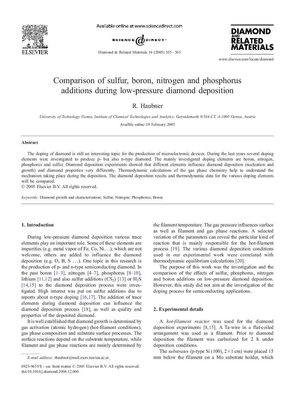 Comparison of sulfur, boron, nitrogen and phosphorus additions during low-pressure diamond deposition