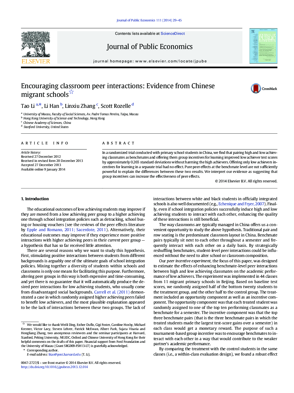 Encouraging classroom peer interactions: Evidence from Chinese migrant schools 