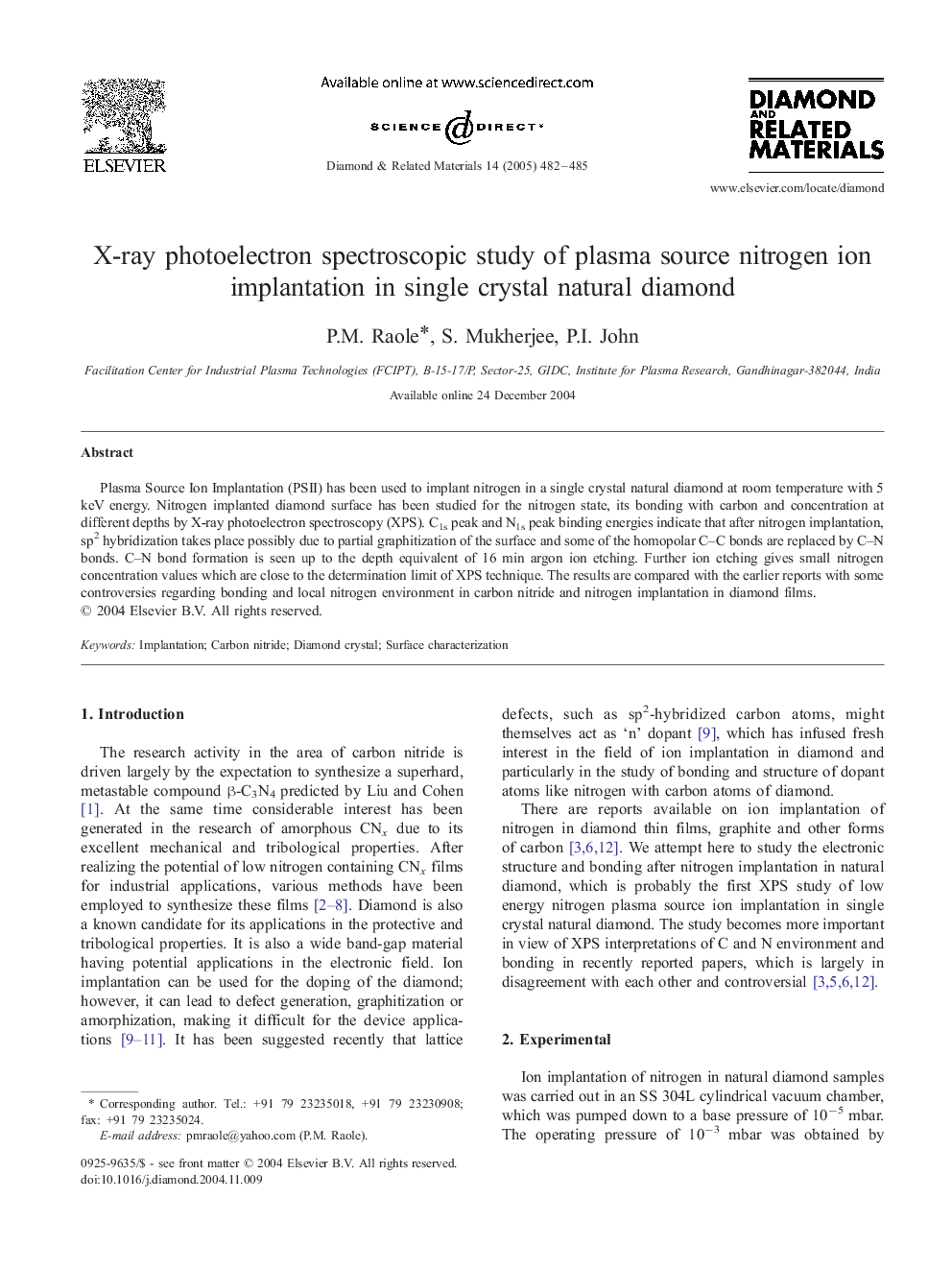 X-ray photoelectron spectroscopic study of plasma source nitrogen ion implantation in single crystal natural diamond