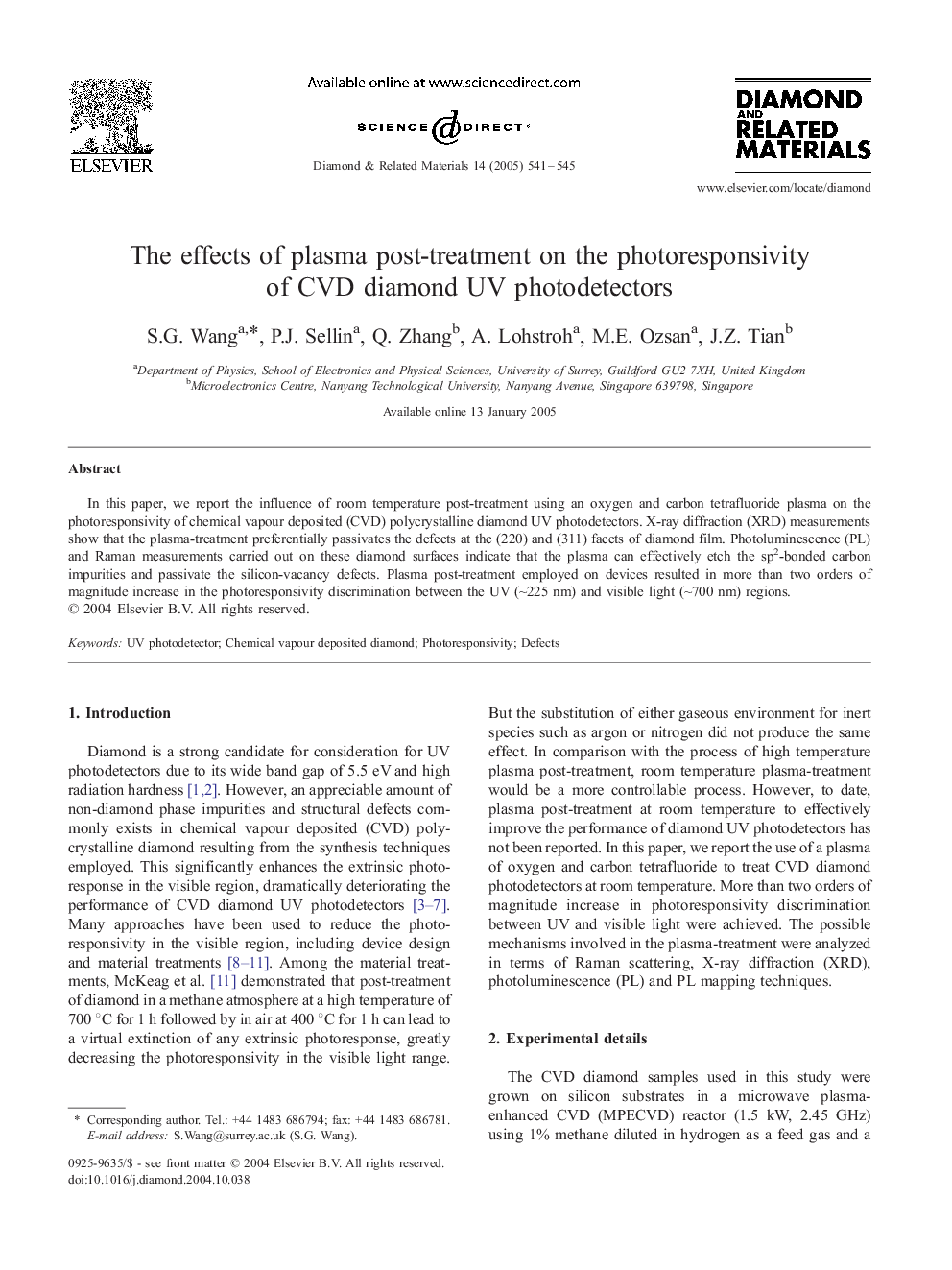 The effects of plasma post-treatment on the photoresponsivity of CVD diamond UV photodetectors