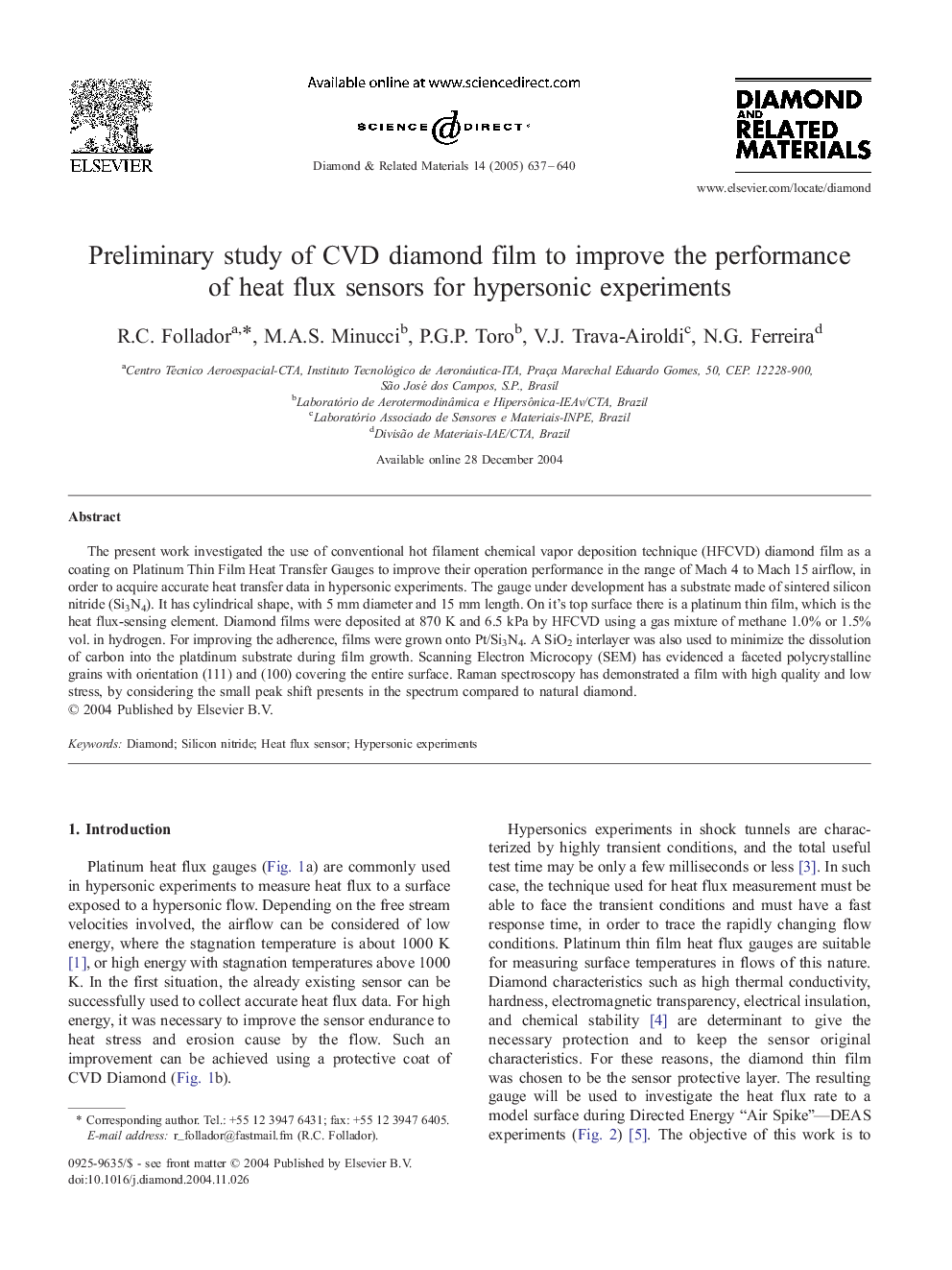 Preliminary study of CVD diamond film to improve the performance of heat flux sensors for hypersonic experiments