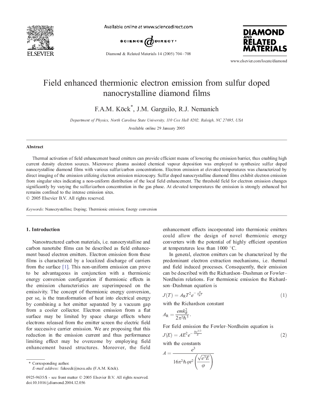 Field enhanced thermionic electron emission from sulfur doped nanocrystalline diamond films