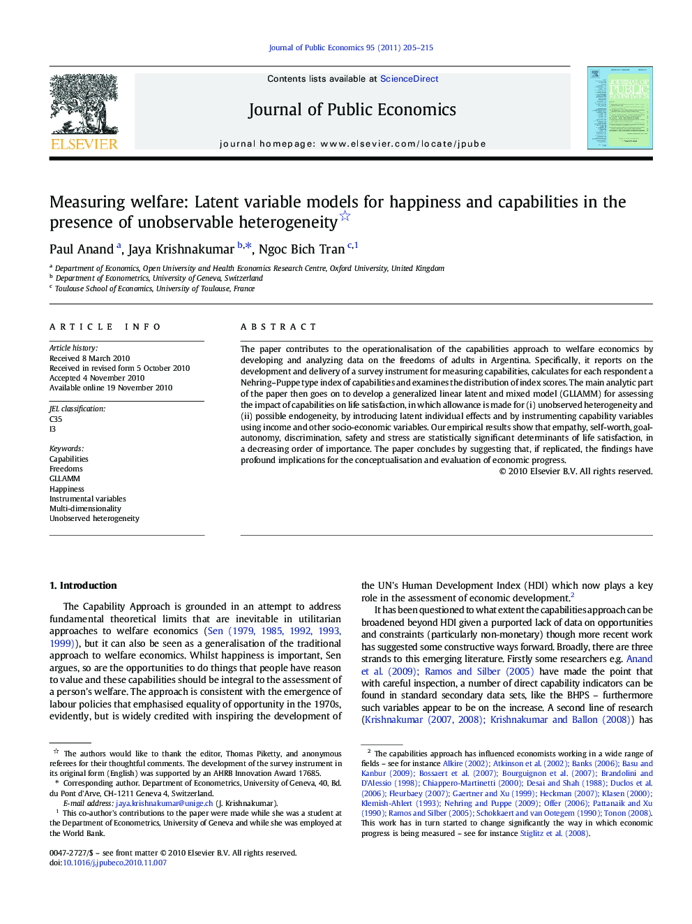 Measuring welfare: Latent variable models for happiness and capabilities in the presence of unobservable heterogeneity 