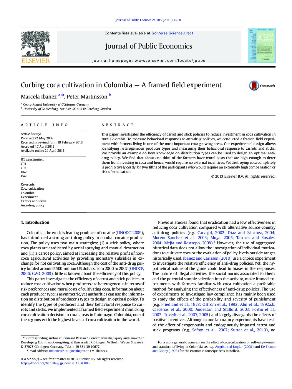 Curbing coca cultivation in Colombia — A framed field experiment