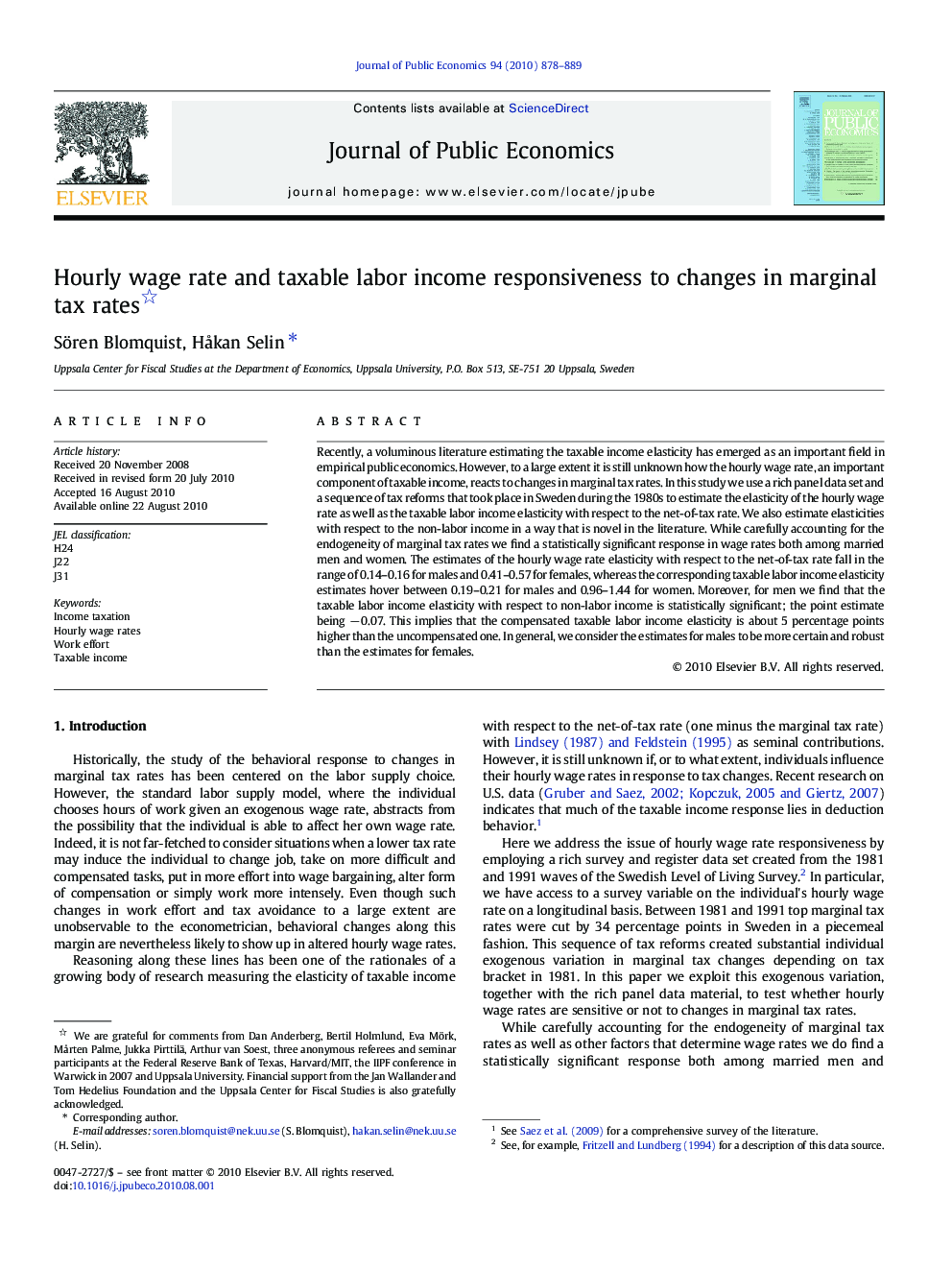 Hourly wage rate and taxable labor income responsiveness to changes in marginal tax rates 