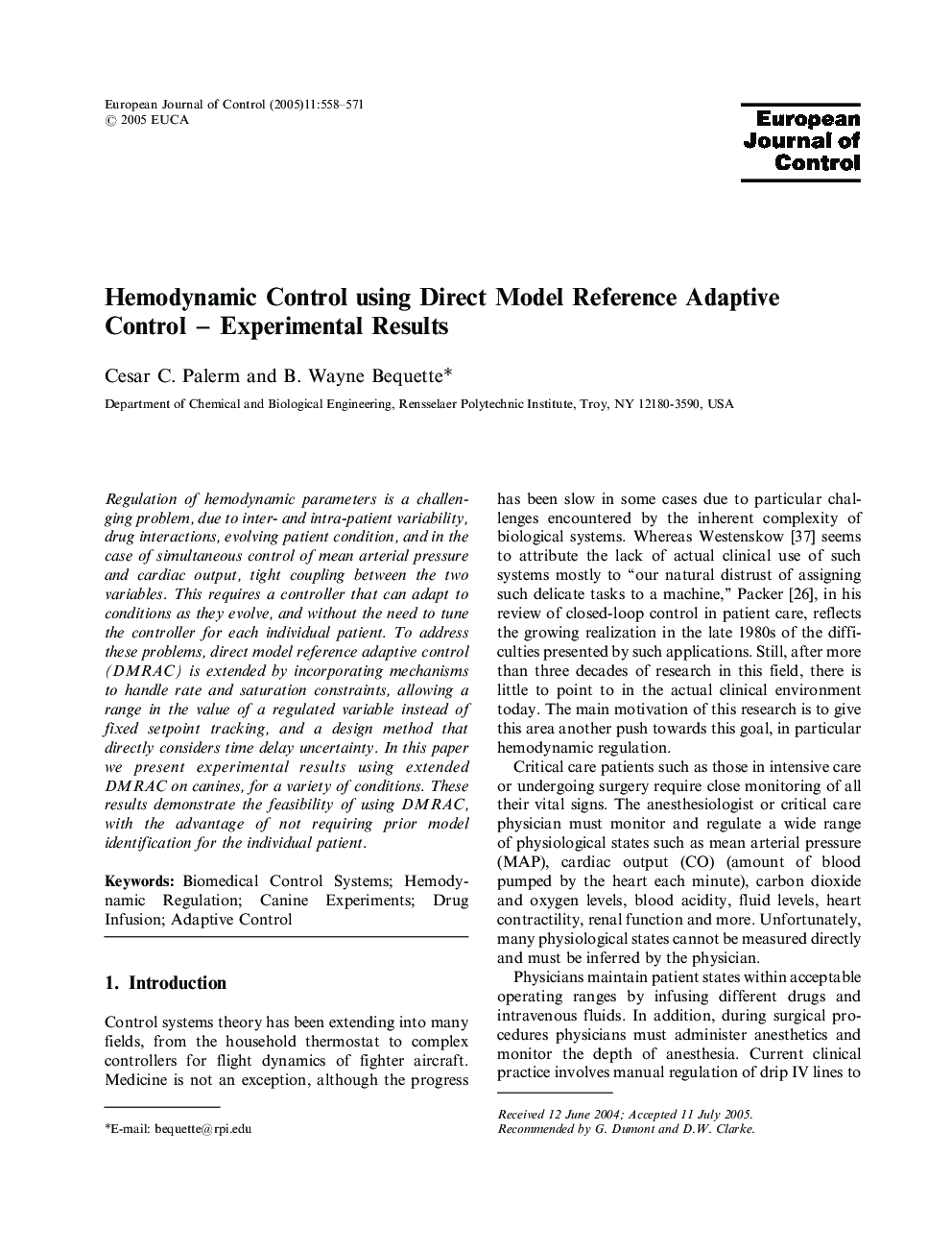 Hemodynamic Control using Direct Model Reference Adaptive Control - Experimental Results