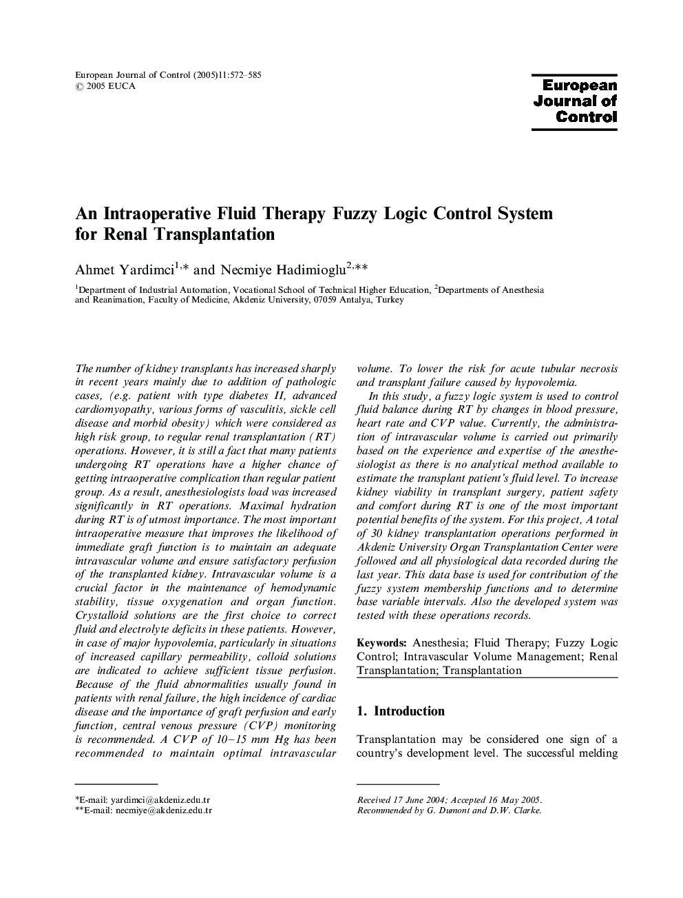 An Intraoperative Fluid Therapy Fuzzy Logic Control System for Renal Transplantation