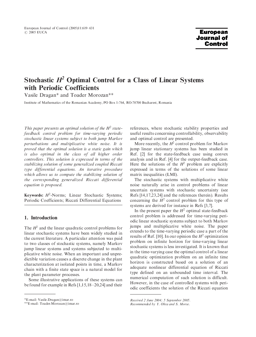 Stochastic H2 Optimal Control for a Class of Linear Systems with Periodic Coefficients