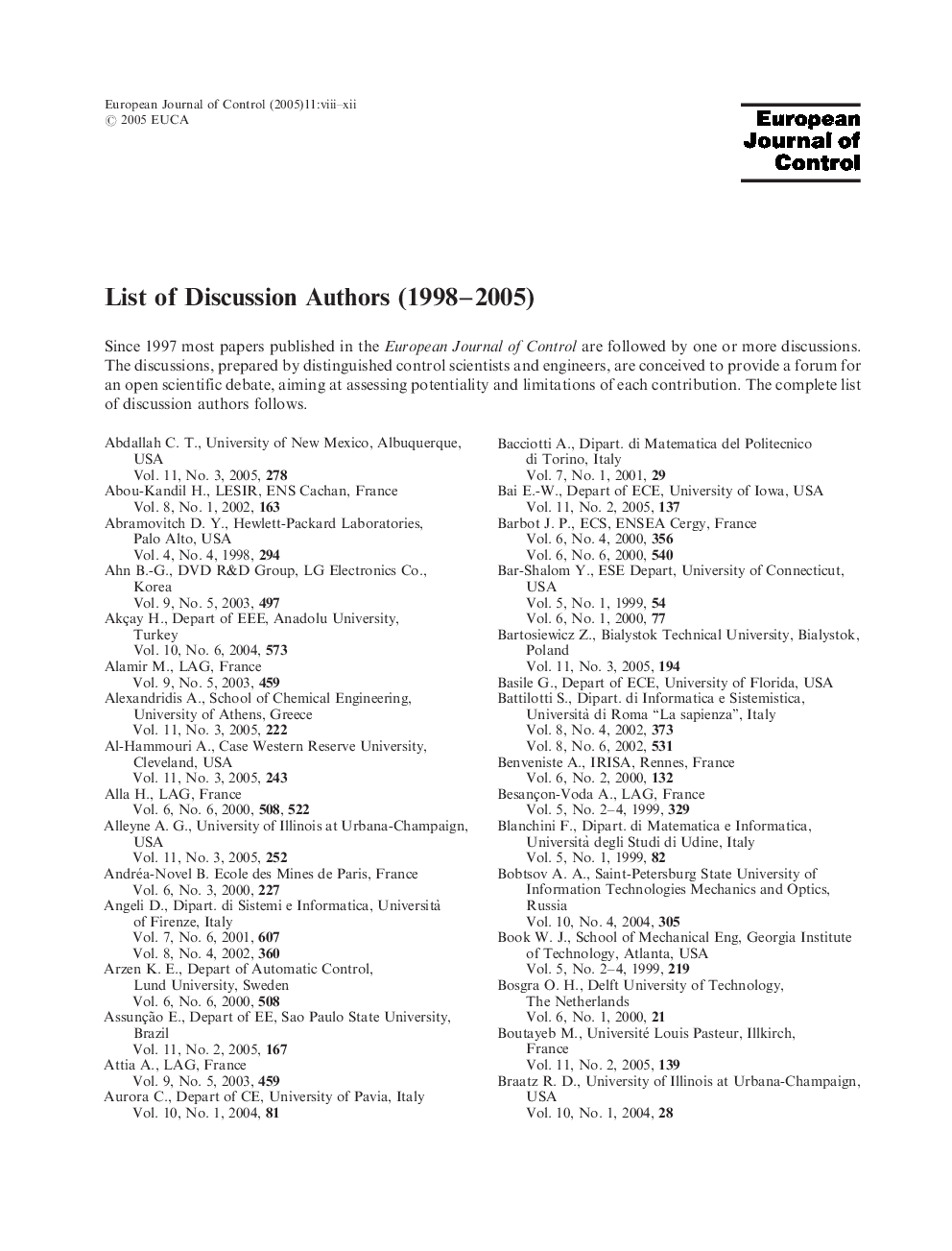 List of Discussion Authors (1998-2005)