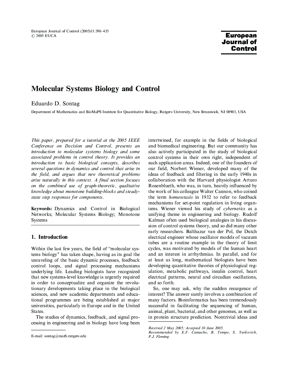 Molecular Systems Biology and Control