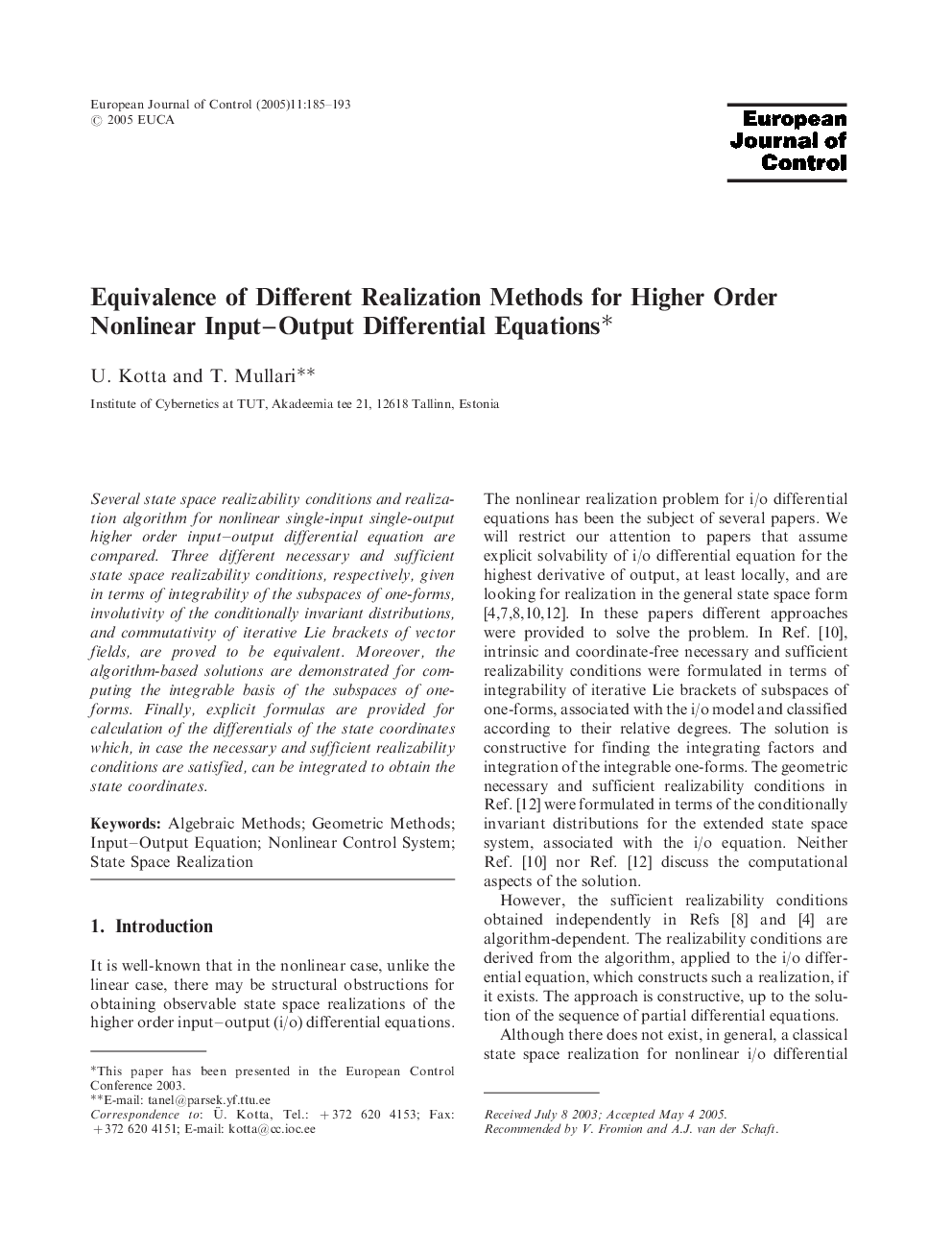 Equivalence of Different Realization Methods for Higher Order Nonlinear Input-Output Differential Equations