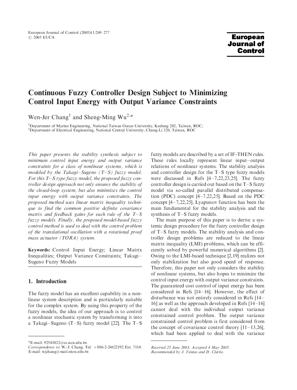 Continuous Fuzzy Controller Design Subject to Minimizing Control Input Energy with Output Variance Constraints