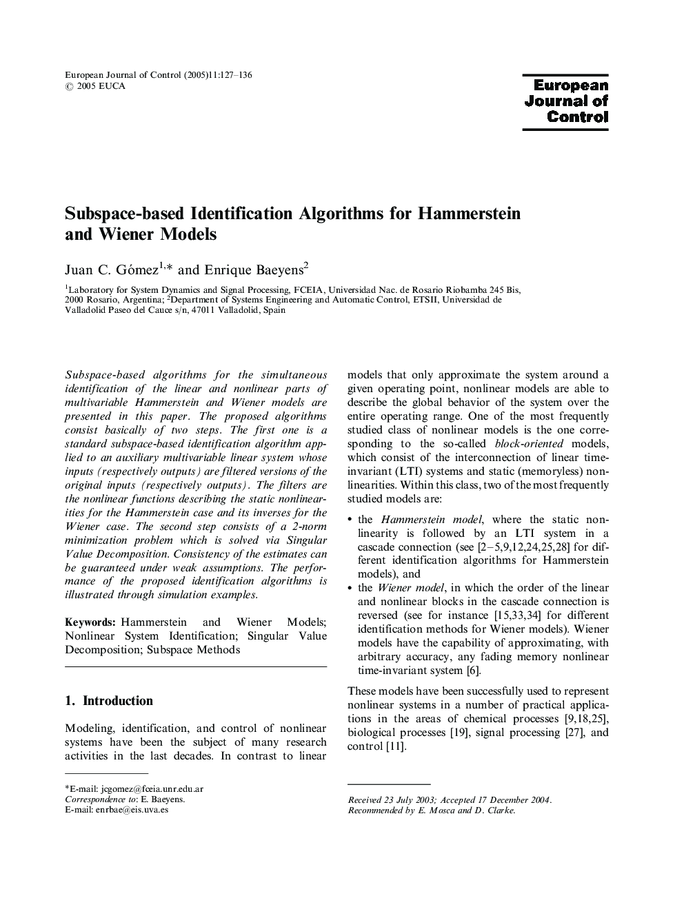 Subspace-based Identification Algorithms for Hammerstein and Wiener Models