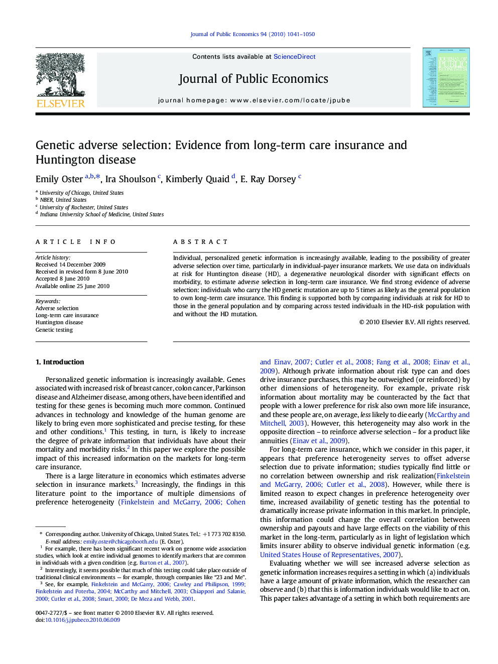 Genetic adverse selection: Evidence from long-term care insurance and Huntington disease