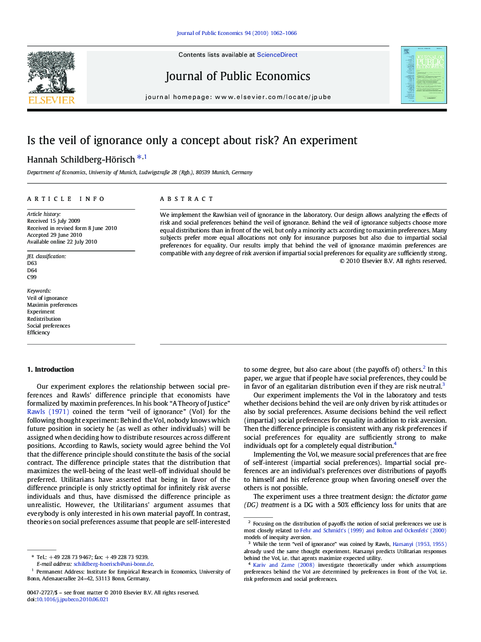 Is the veil of ignorance only a concept about risk? An experiment