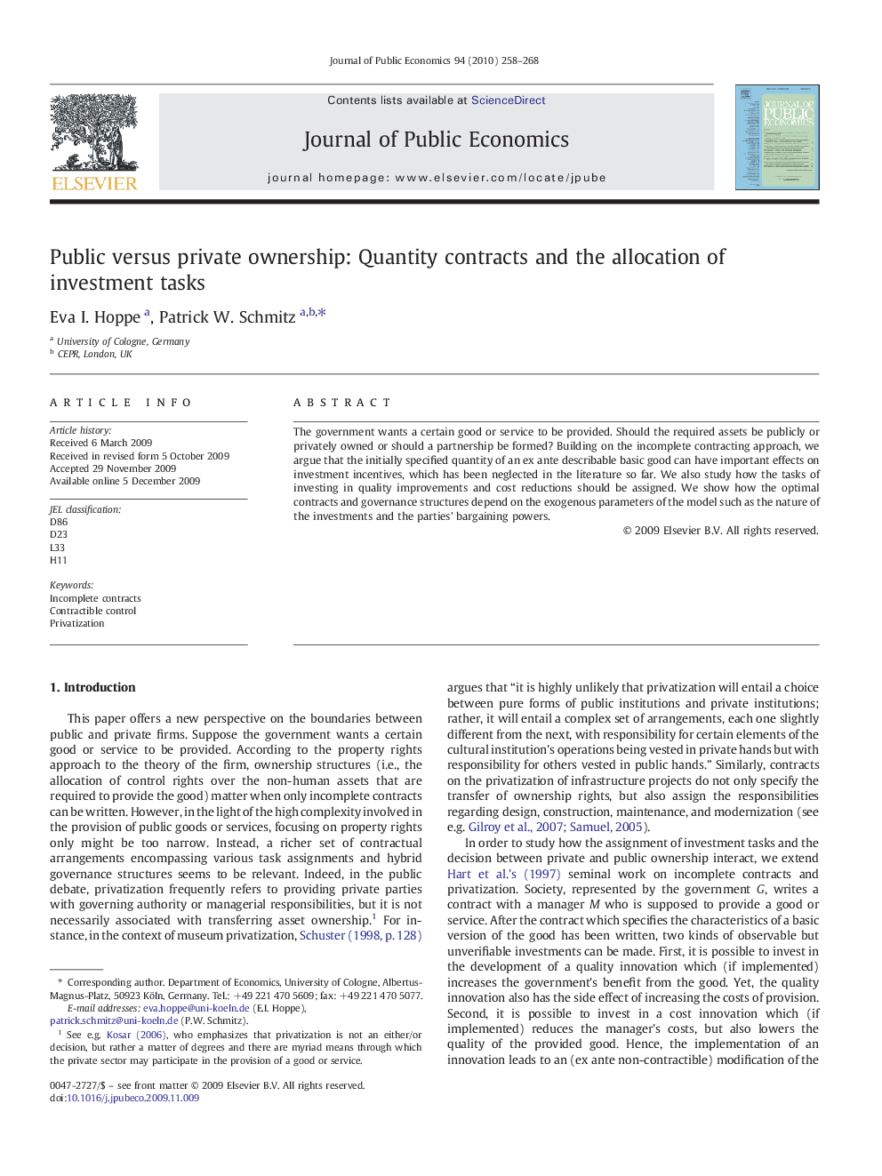 Public versus private ownership: Quantity contracts and the allocation of investment tasks