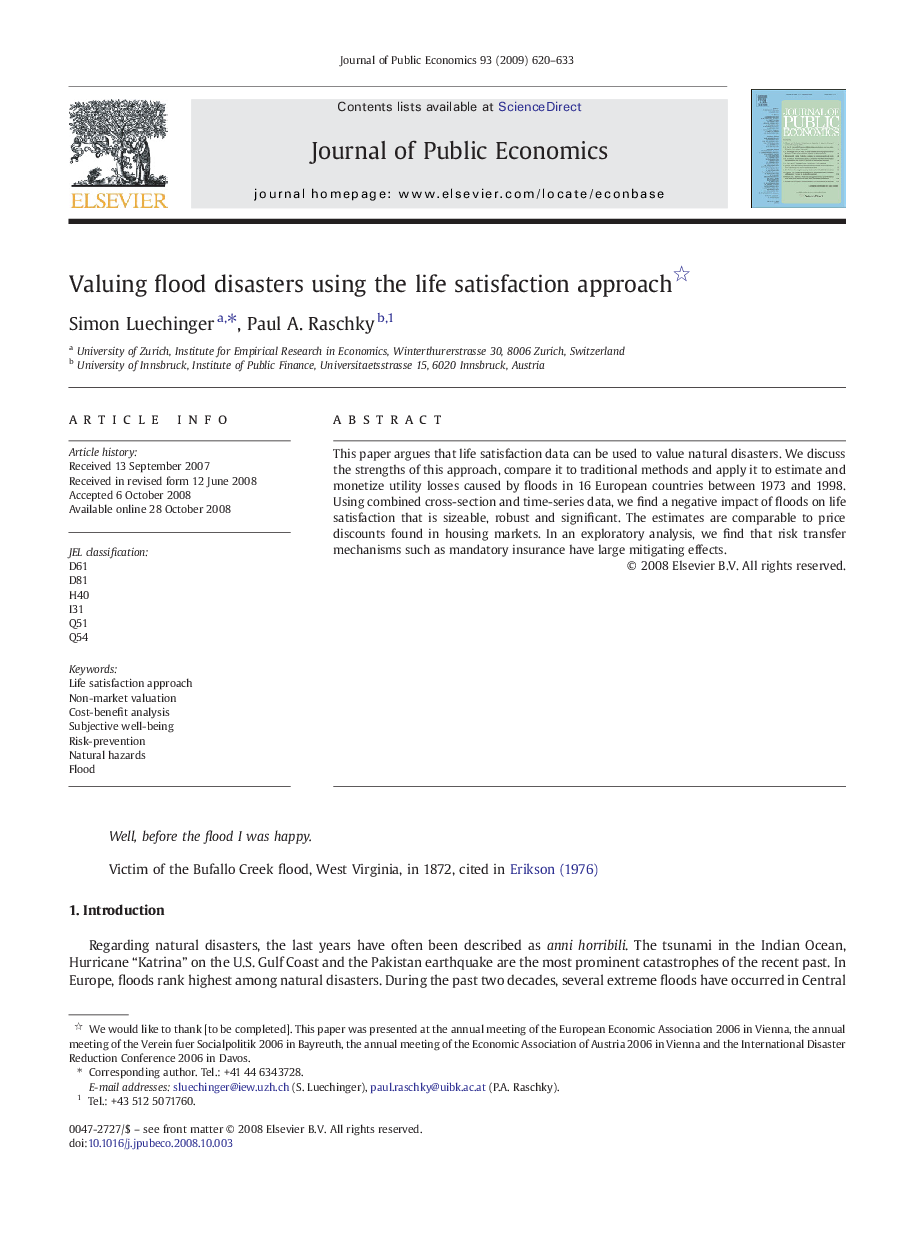 Valuing flood disasters using the life satisfaction approach 