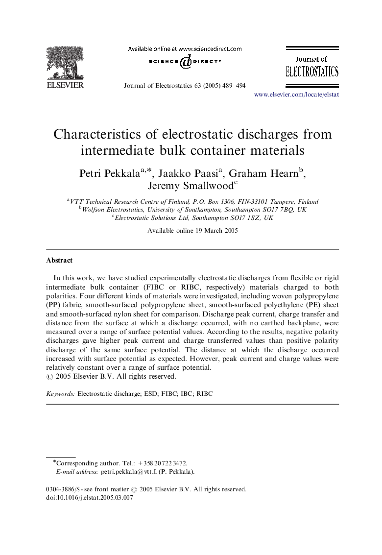 Characteristics of electrostatic discharges from intermediate bulk container materials