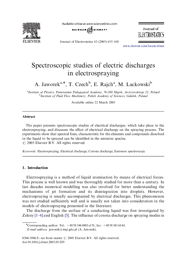 Spectroscopic studies of electric discharges in electrospraying