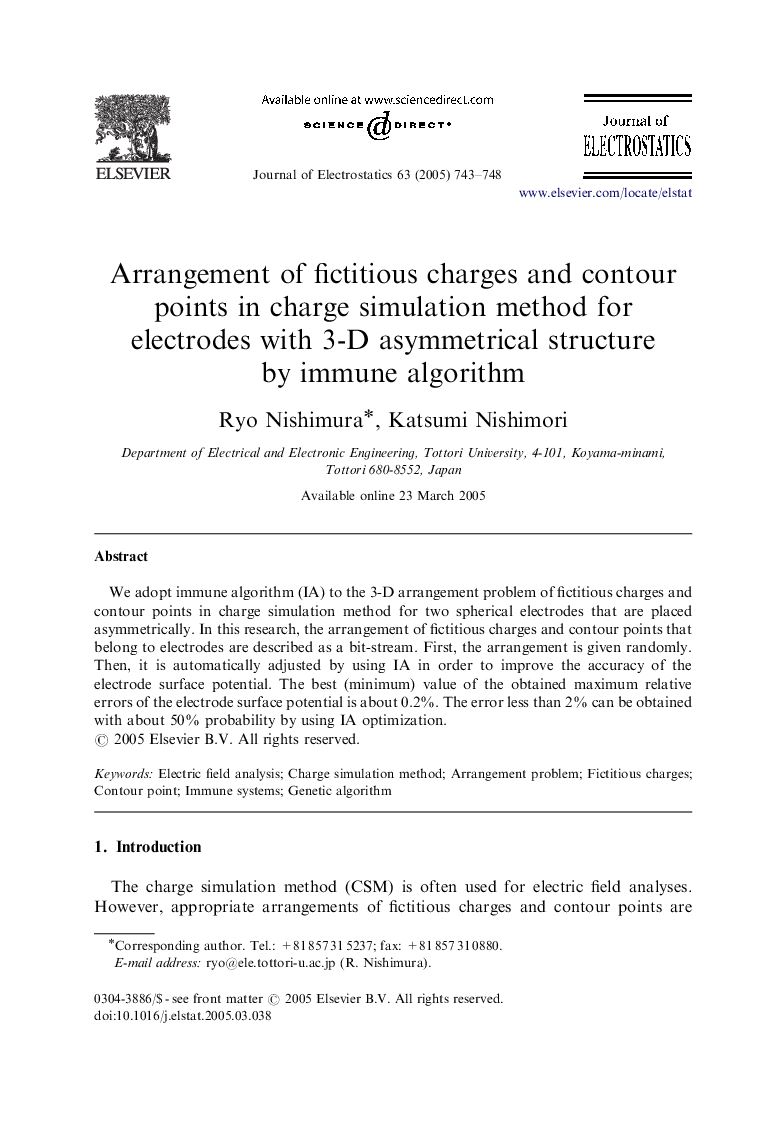 Arrangement of fictitious charges and contour points in charge simulation method for electrodes with 3-D asymmetrical structure by immune algorithm