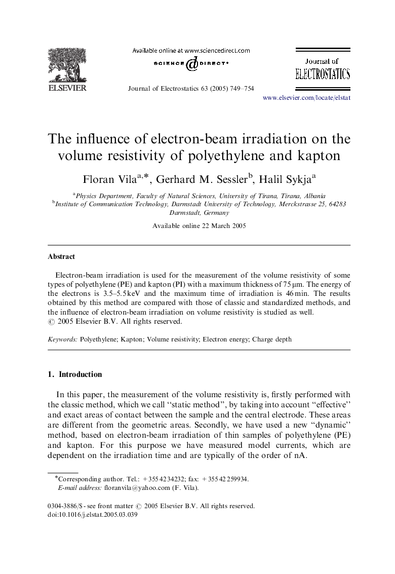 The influence of electron-beam irradiation on the volume resistivity of polyethylene and kapton