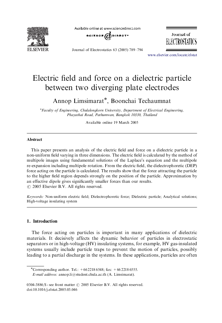 Electric field and force on a dielectric particle between two diverging plate electrodes