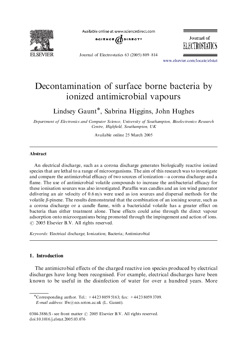 Decontamination of surface borne bacteria by ionized antimicrobial vapours