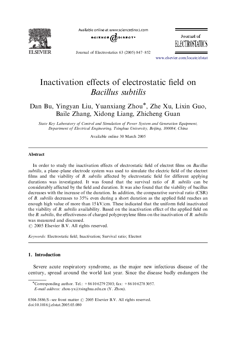 Inactivation effects of electrostatic field on Bacillus subtilis