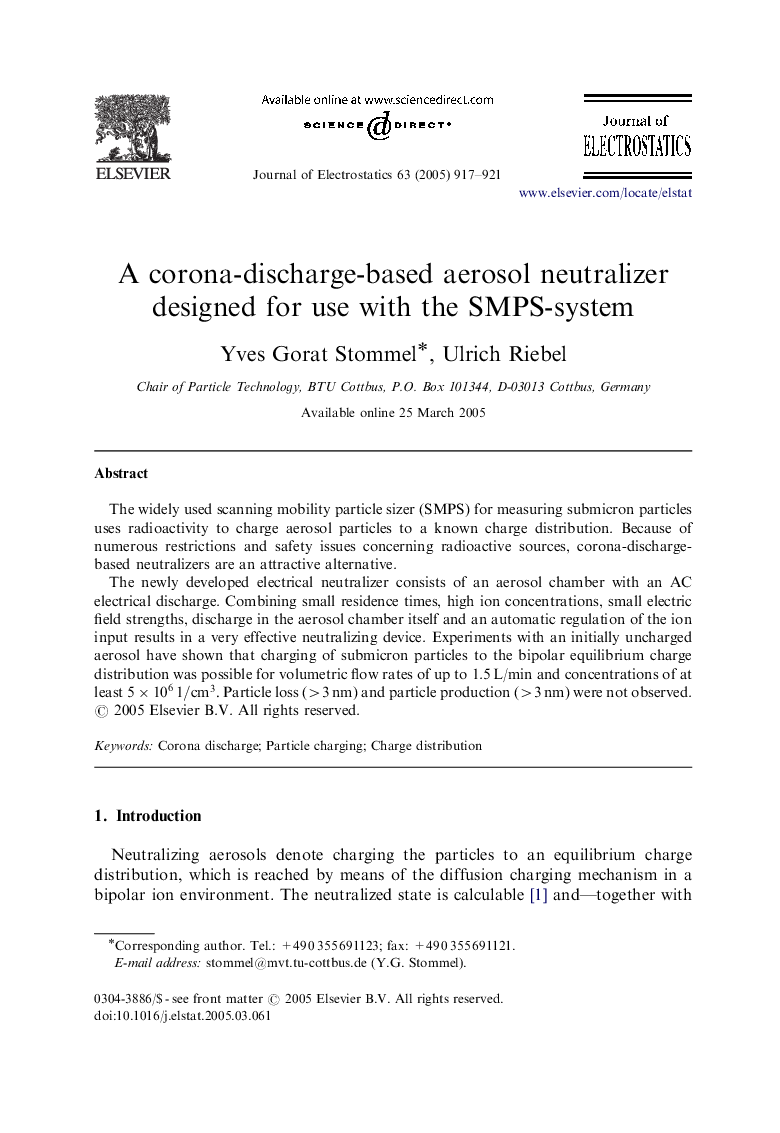 A corona-discharge-based aerosol neutralizer designed for use with the SMPS-system