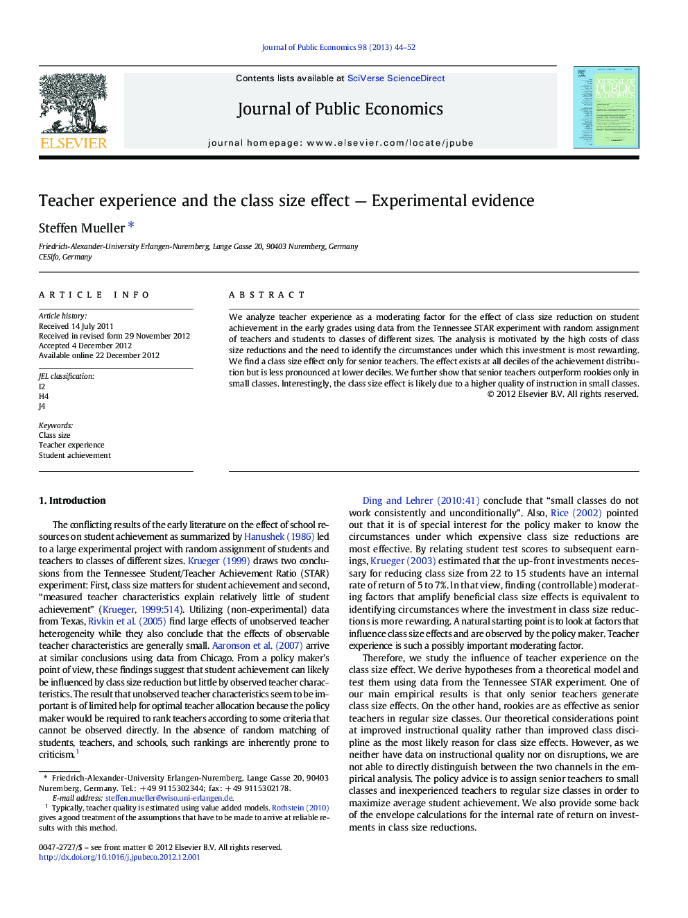 Teacher experience and the class size effect — Experimental evidence