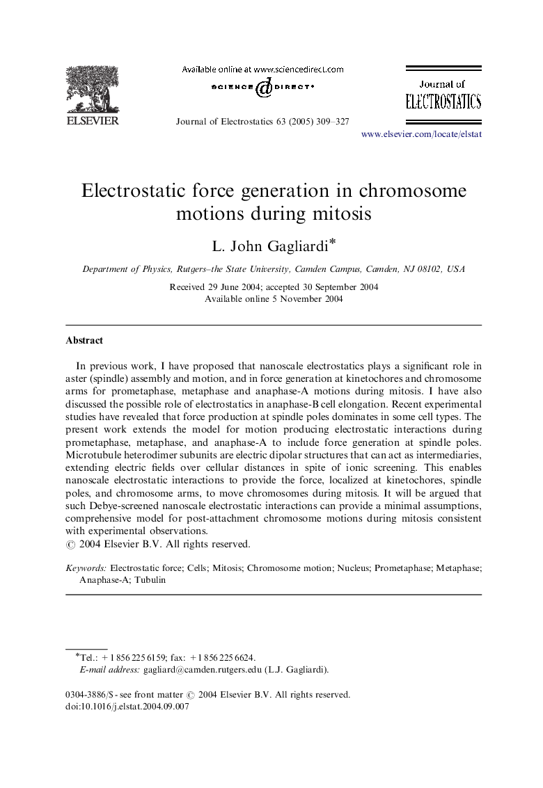 Electrostatic force generation in chromosome motions during mitosis