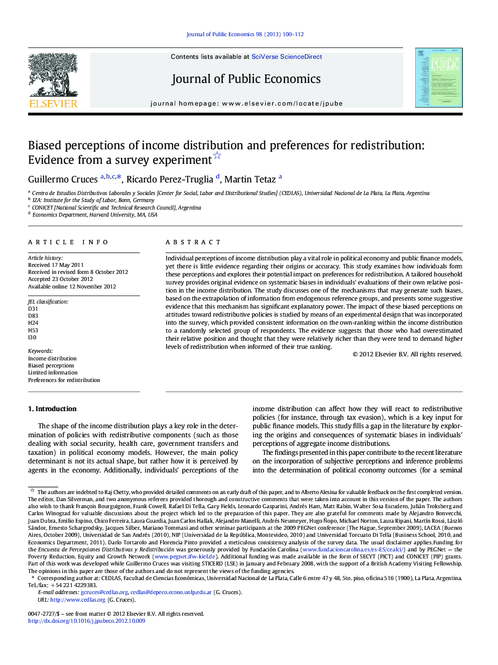 Biased perceptions of income distribution and preferences for redistribution: Evidence from a survey experiment 