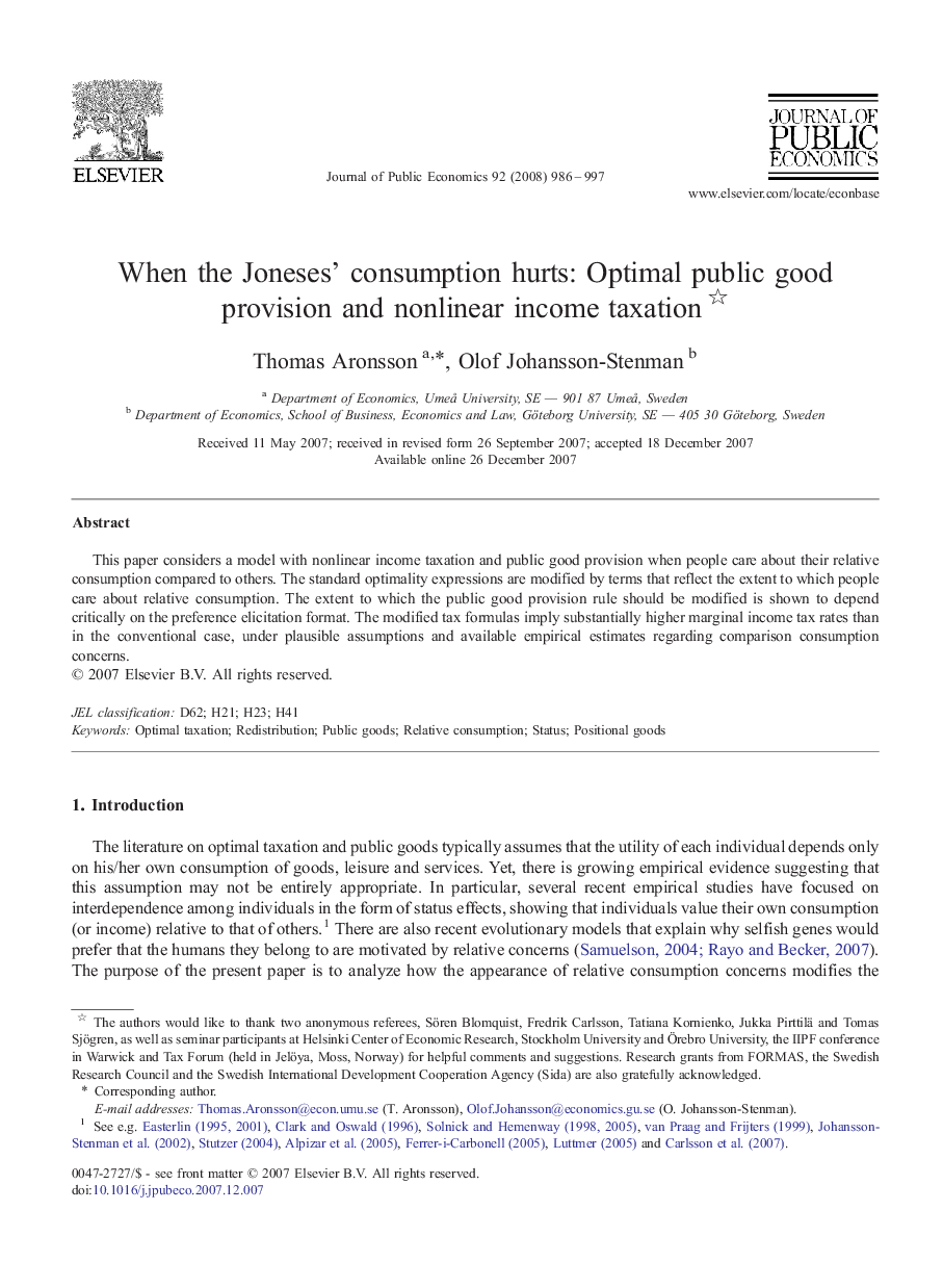 When the Joneses' consumption hurts: Optimal public good provision and nonlinear income taxation 