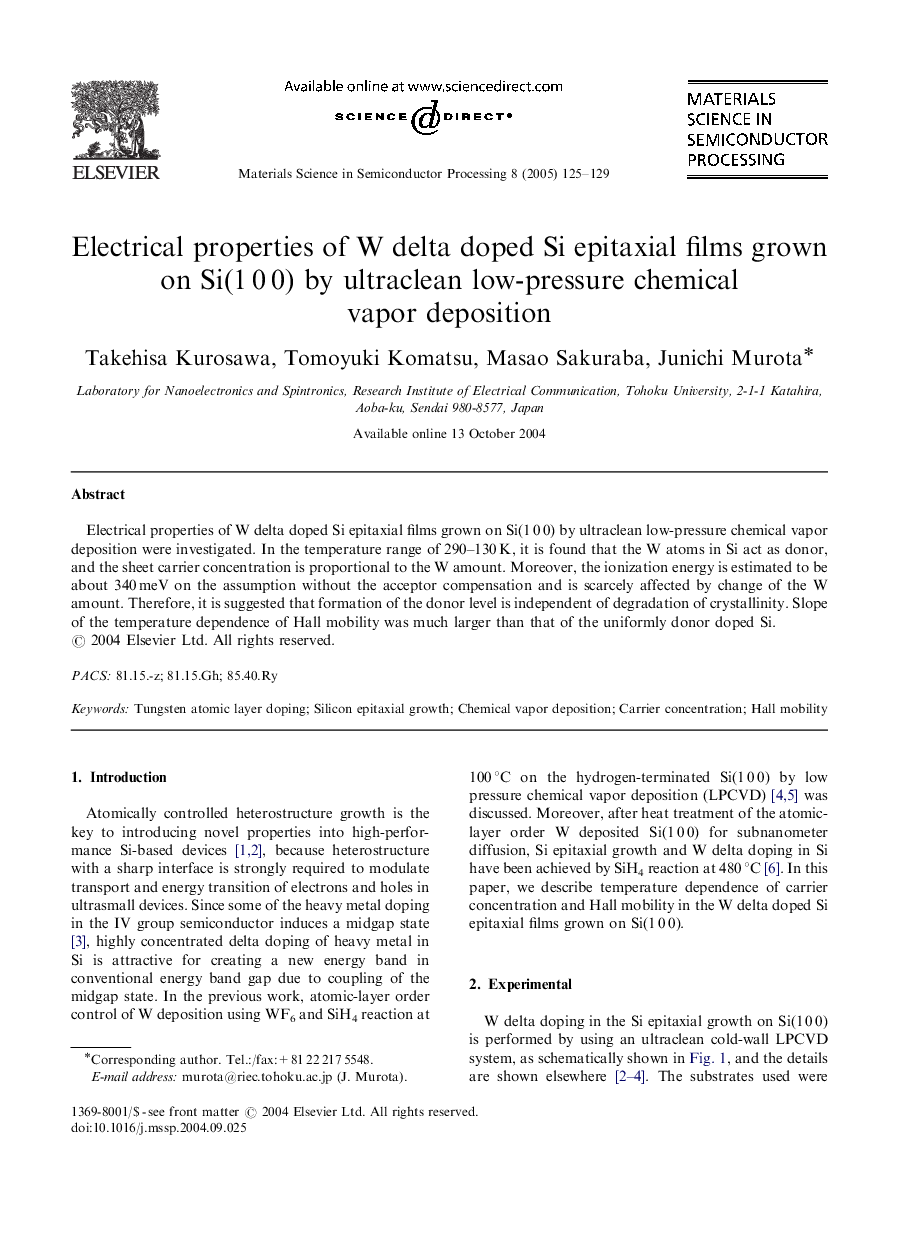 Electrical properties of W delta doped Si epitaxial films grown on Si(1Â 0Â 0) by ultraclean low-pressure chemical vapor deposition